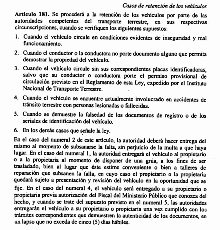 Este es el Artículo 181 de la Ley de Transporte Terrestre sobre la Retención del Vehículo
