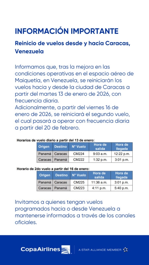 Copa Airlines reanudó los vuelos a Caracas a partir del 13 de enero