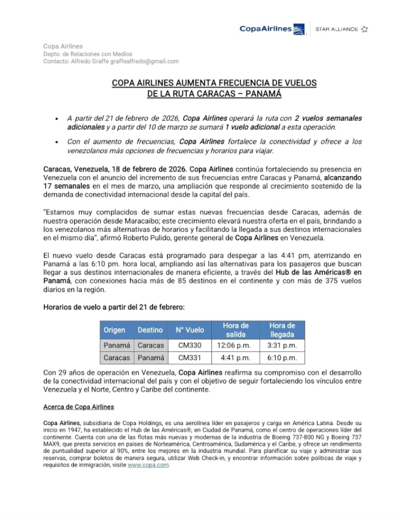 Copa Airlines amplía a 17 vuelos semanales para la conexión con Caracas